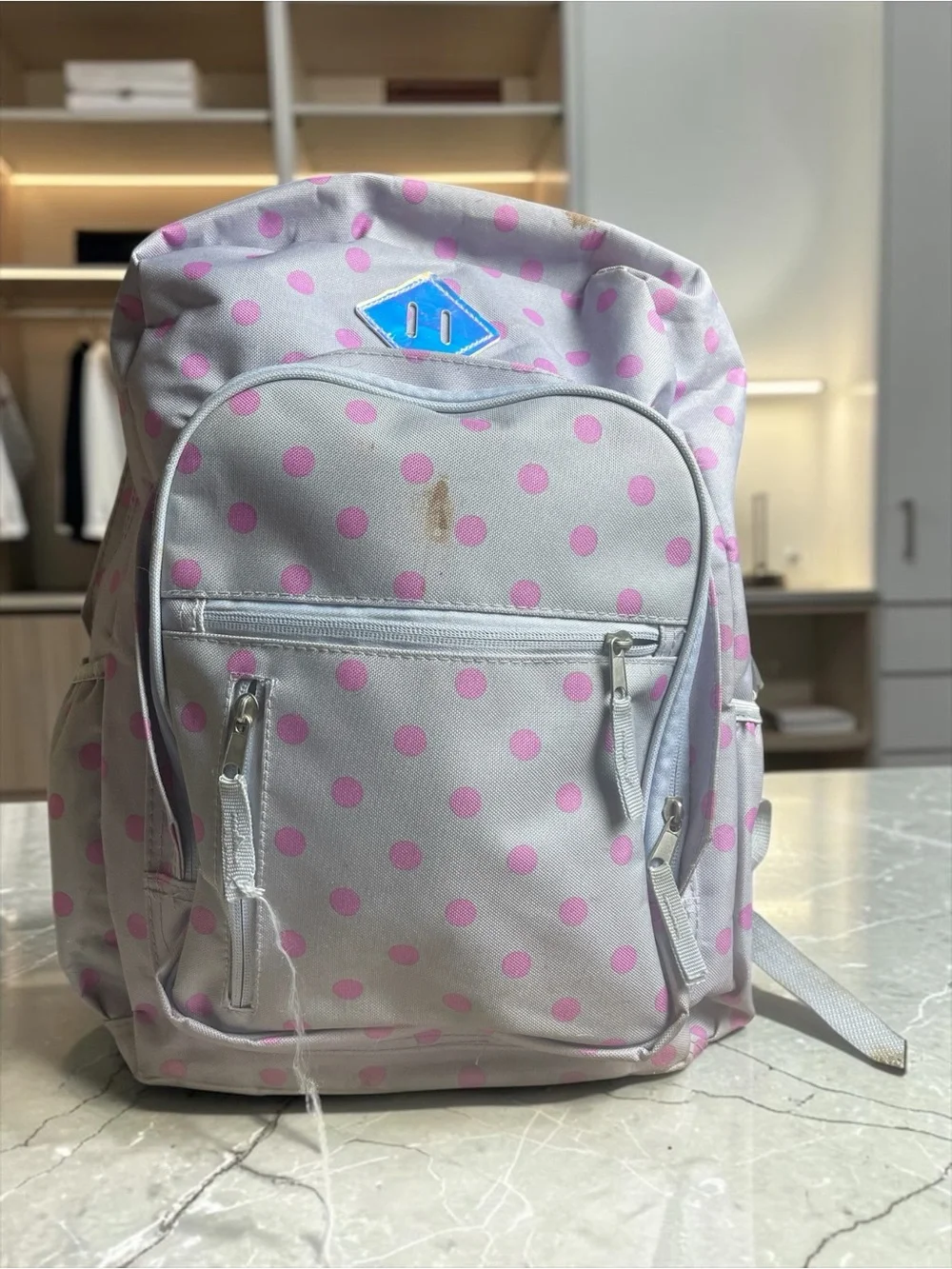 No Boundaries Women's Dome Backpack Gray Pink Polka Dot School Bag